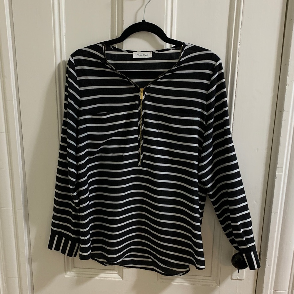 Calvin Klein Blouse Top with Zipper Details, Stripped, Black, Women's Medium